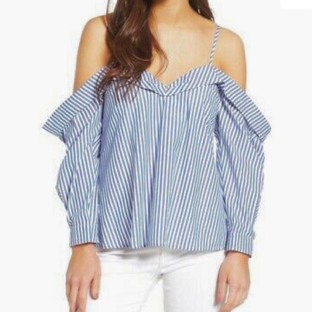 Nicole Miller Atelier Blue & White Striped Cold Shoulder Top Size